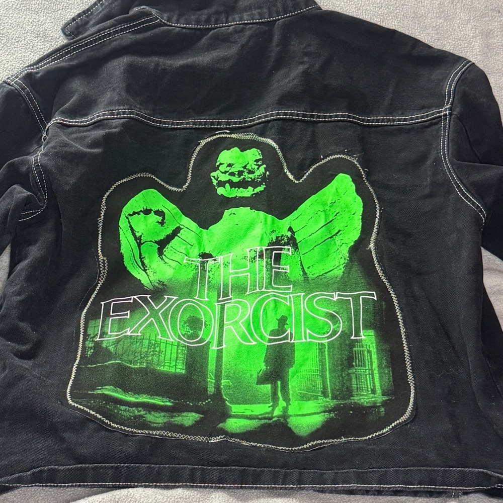 1 of 1 Custom Upcycle Horror Movie Black Denim Jacket Neon Green Graphic Patch